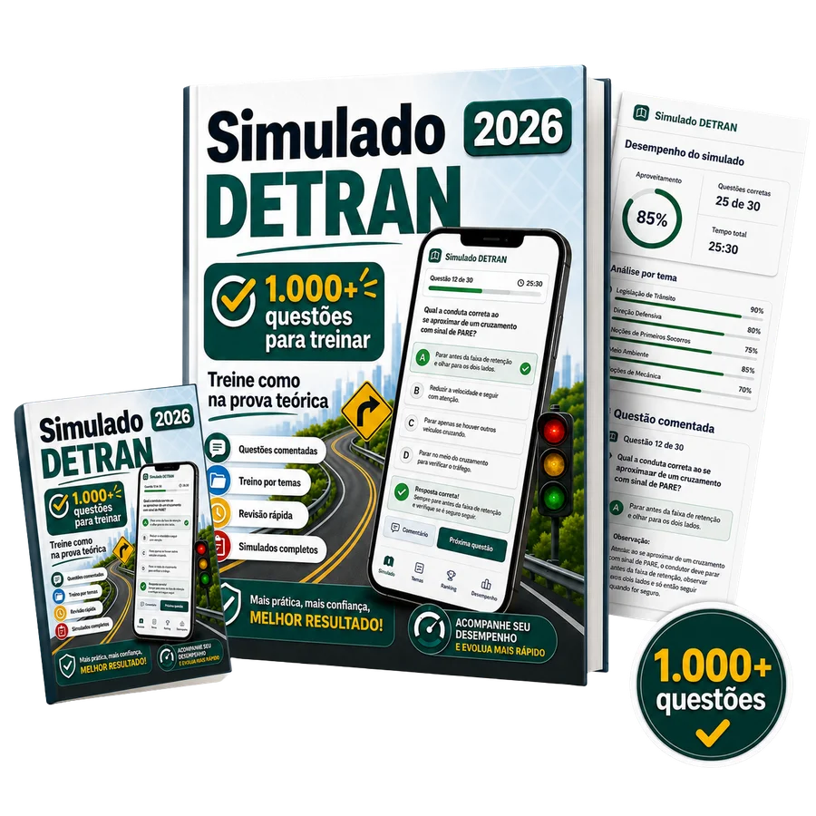 Bônus 01: Simulado Estilo Prova Real, mockup do simulado com app e relatório de desempenho