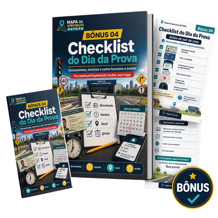 Bônus 04: Checklist do Dia da Prova, mockup do guia com documentos, horários e regras do exame