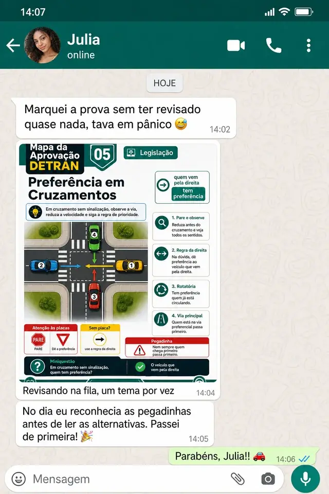 Depoimento de Julia no WhatsApp: passou de primeira