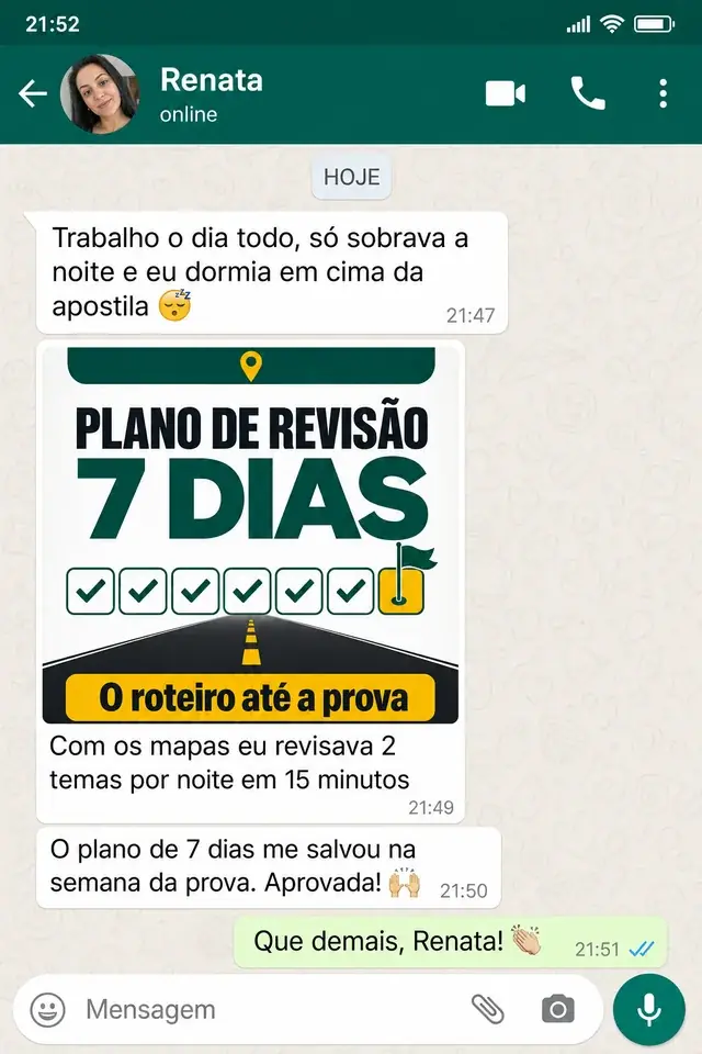 Depoimento de Renata no WhatsApp: aprovada revisando à noite