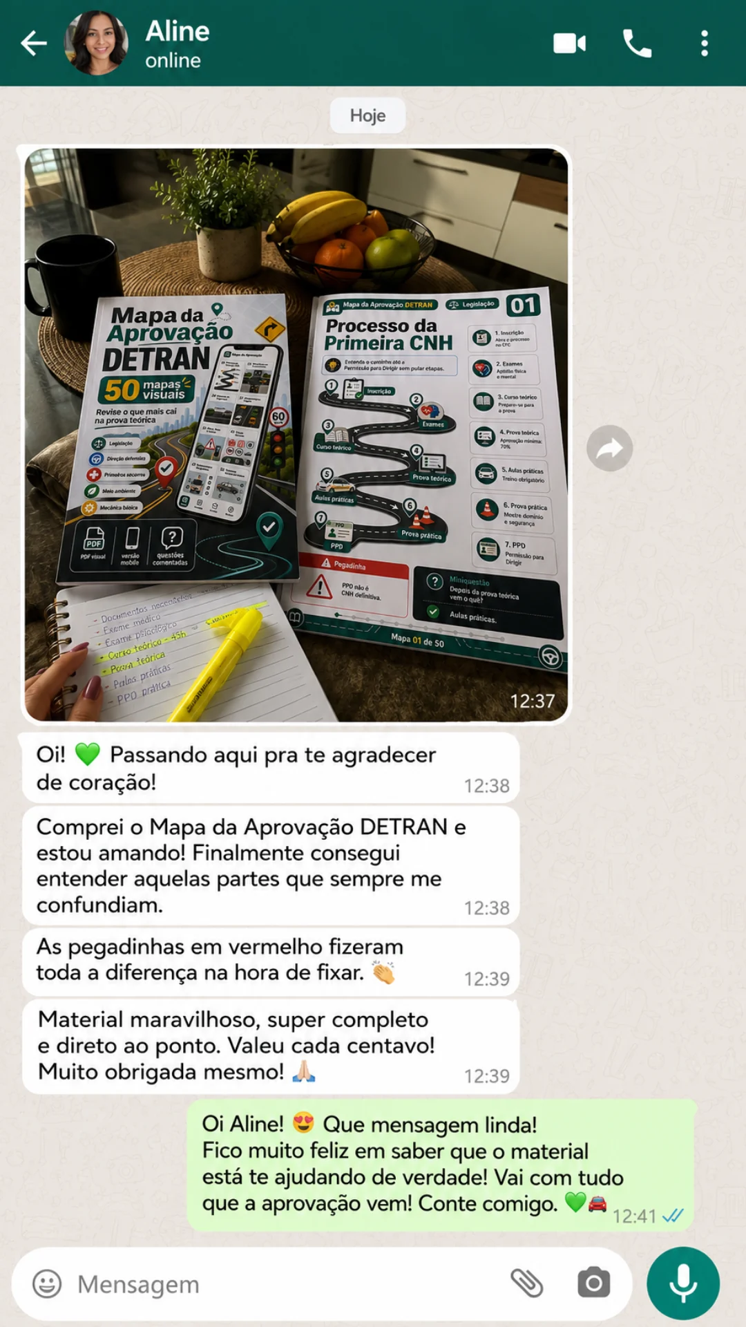 Depoimento no WhatsApp de Aline agradecendo pelo Mapa da Aprovação DETRAN e pelas pegadinhas em vermelho