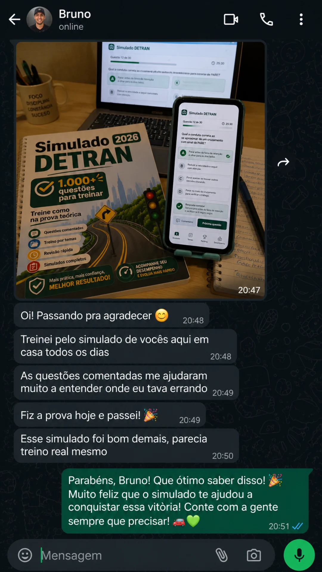 Depoimento no WhatsApp de Bruno agradecendo pelo simulado DETRAN e dizendo que passou na prova