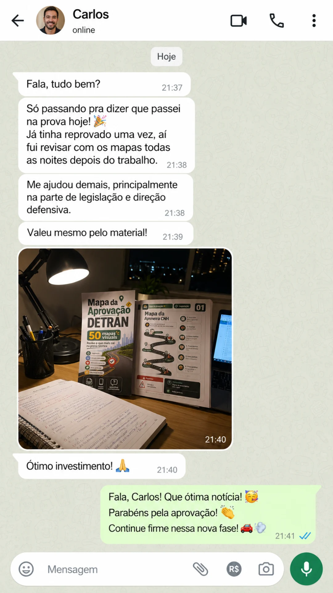 Depoimento no WhatsApp de Carlos dizendo que passou na prova depois de revisar com os mapas