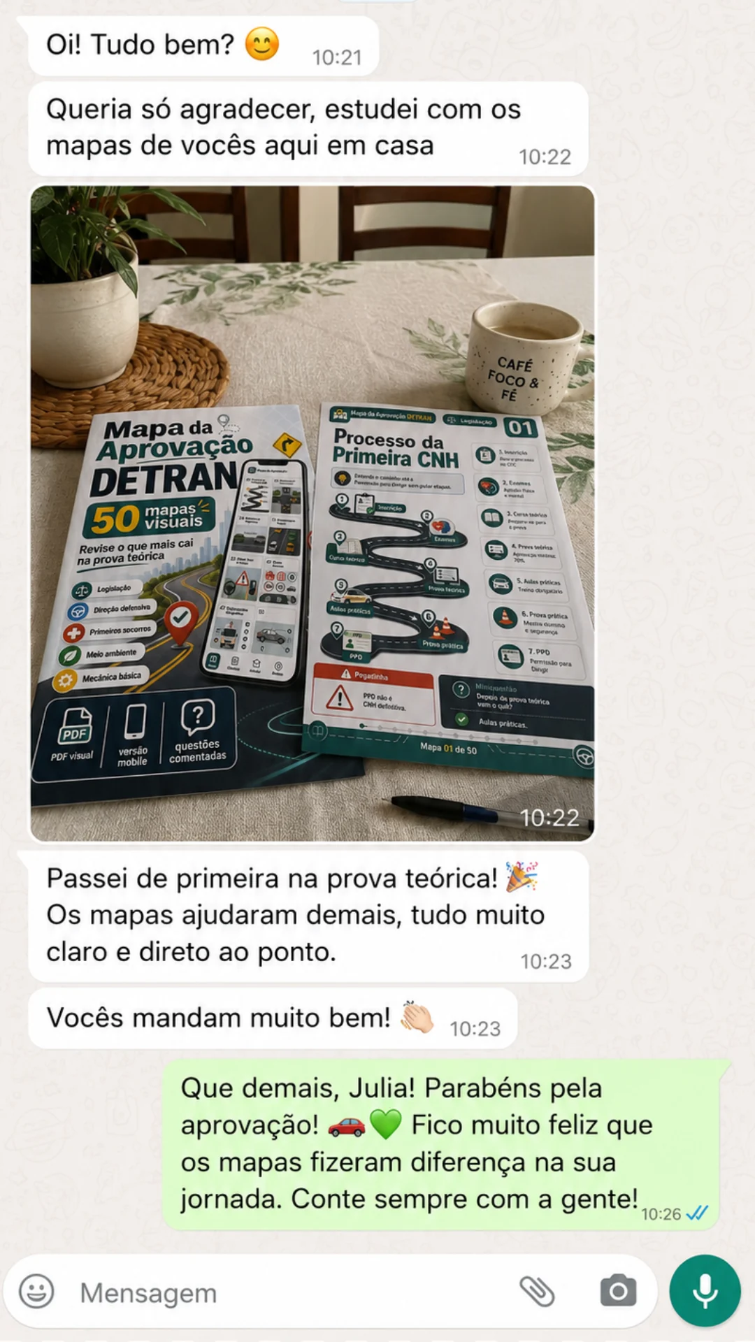 Depoimento no WhatsApp de Julia mostrando os mapas sobre a mesa e mensagem dizendo que passou de primeira