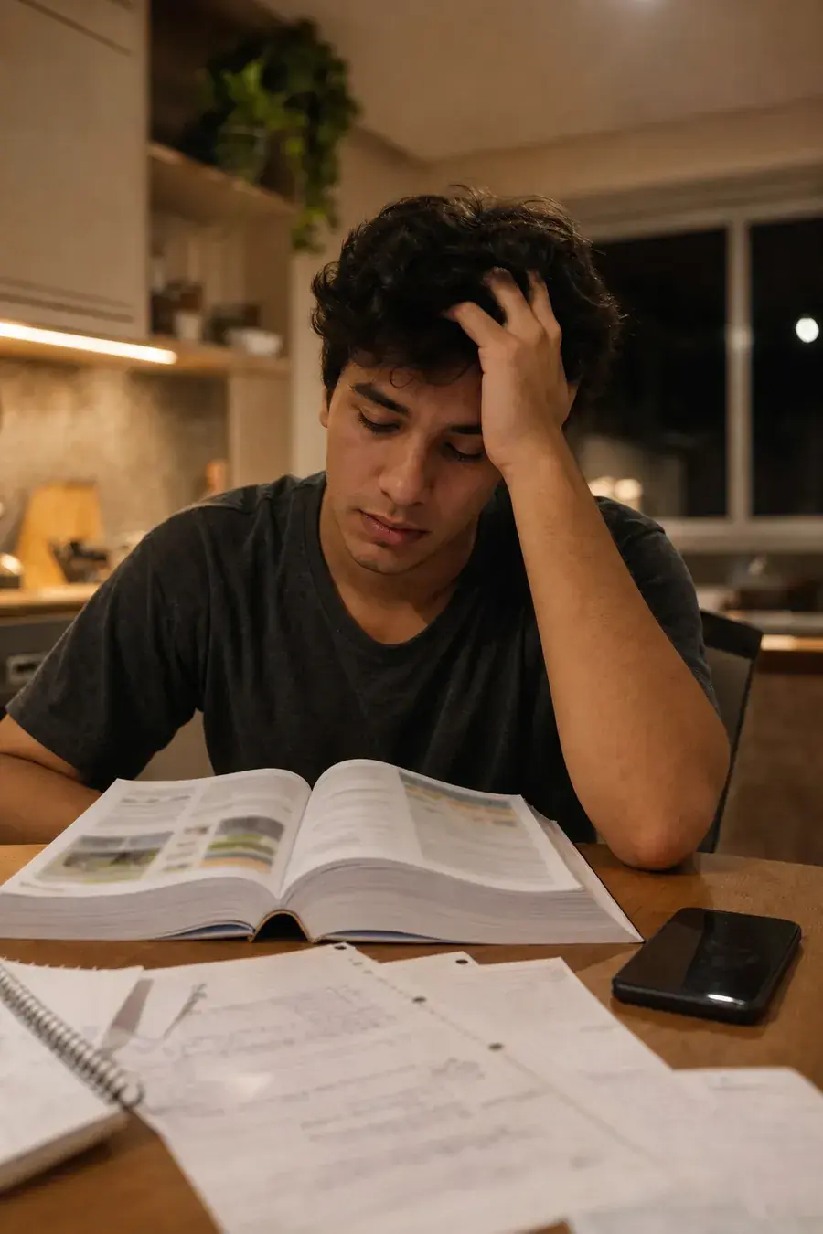 Jovem estudando de madrugada com a apostila do CFC aberta na mesa