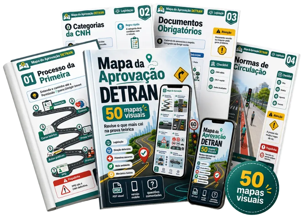 Mockup do Mapa da Aprovação DETRAN: capa do produto, mapas visuais em leque e celulares mostrando a versão mobile