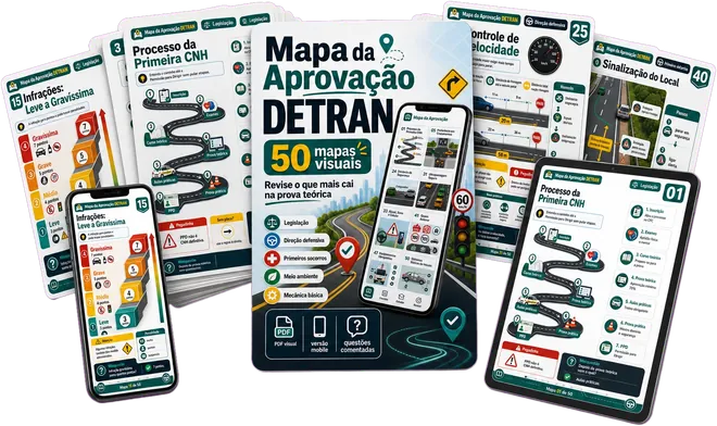 Mockup completo do Mapa da Aprovação DETRAN: capa, mapas em leque, celular e tablet com a versão mobile