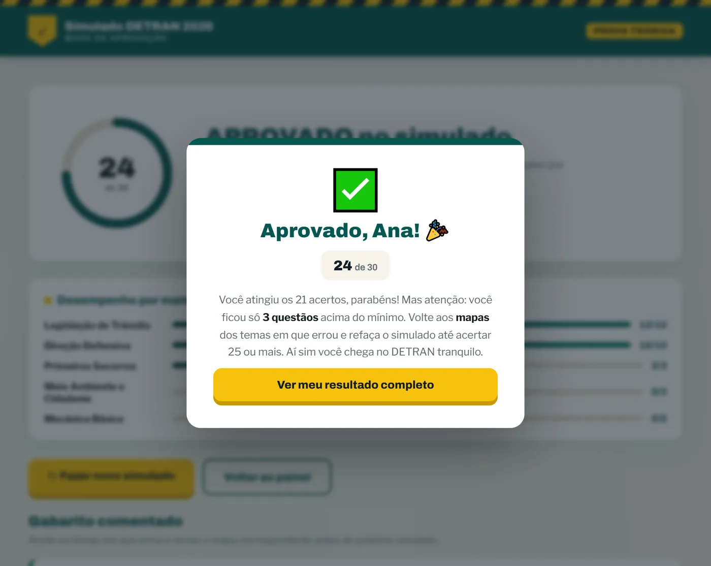 Tela de aprovação do simulado: Aprovado com 24 de 30 acertos